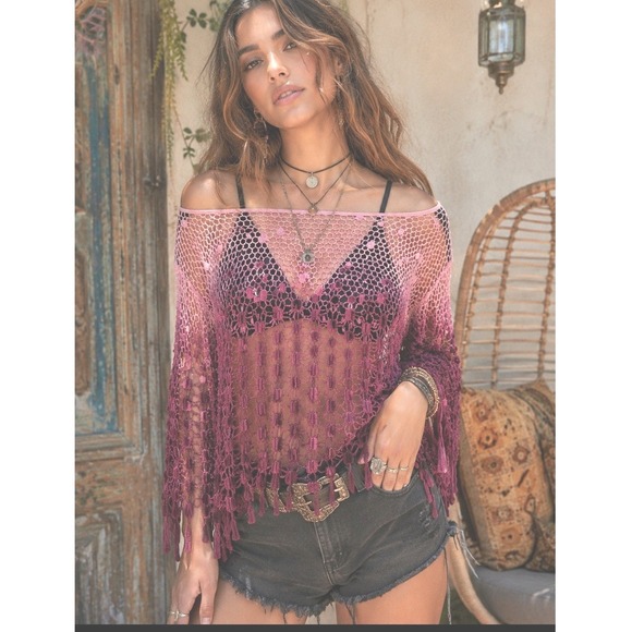 Free People Tops - Free People Pink Ombre Mesh Fringe Top Medium Boho Festival Fairy Sheer Romantic
